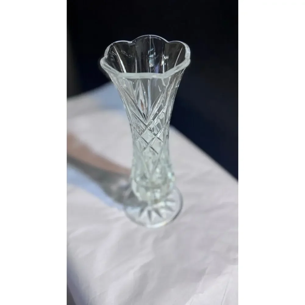 Cut Crystal Vase Clear Glass Flared Rim Starburst Base Vintage Style 8 Inch